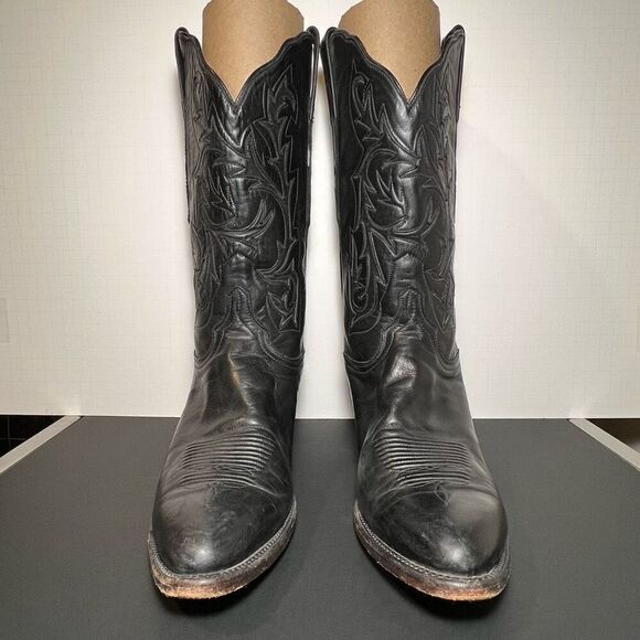 Mens LUCCHESE Black Leather Handmade Western Cowboy Boots / Size 10 Narrow - Picture 2 of 8